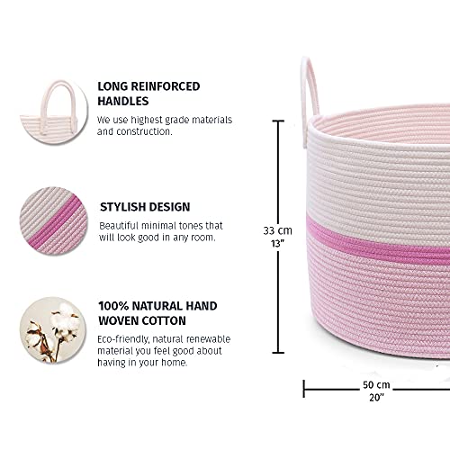 OrganiHaus Round Toy Basket & Blanket Basket, Cotton Rope 20x13" | Striped Pink - Round Cotton Rope Basket, 20x13" - color: Striped Pink, size: Wide