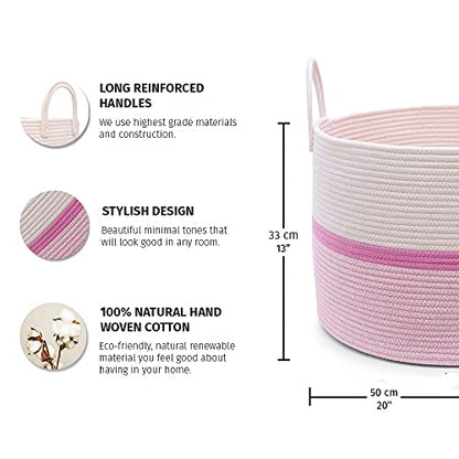 OrganiHaus Round Toy Basket & Blanket Basket, Cotton Rope 20x13" | Striped Pink - Round Cotton Rope Basket, 20x13" - color: Striped Pink, size: Wide