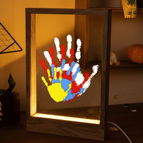 CHERRY CHEERS Family Handprint Kit with Light, Handprint Keepsake Frame, Wooden Led Light, Easy Install, No Need Screw etc, Non-Toxic Paints (Brown) - color: Brown