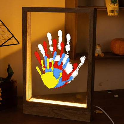 CHERRY CHEERS Family Handprint Kit with Light, Handprint Keepsake Frame, Wooden Led Light, Easy Install, No Need Screw etc, Non-Toxic Paints (Brown) - color: Brown