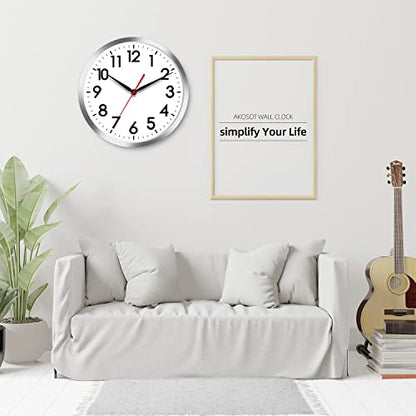 AKCISOT 12 Inch Wall Clock, Silent Battery Operated Analog Clock, Silver | Office | Kitchen | Living Room | Classroom | Easy-to-read Numbers - color: B_silver, size: 12 Inch