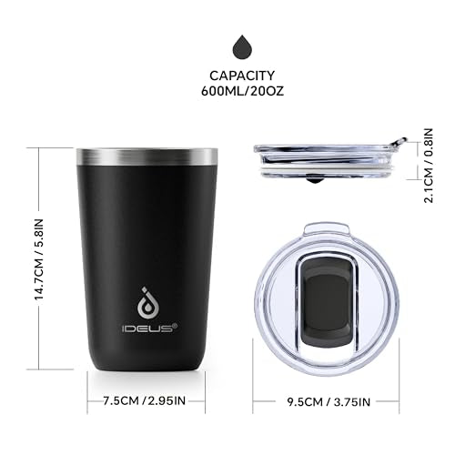 Ideus 20 oz Tumbler, Travel Coffee Mug with Splash Proof Sliding Lid, Double Wall Stainless Steel Vacuum Insulated Coffee Mug for Home and Office, Keep Beverages Hot or Cold, Black - color: Black