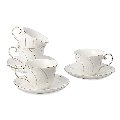 Agyiuns tea cups and saucers ceramic coffee mug 6oz for Coffee, Latte, Cafe Mocha and Tea-Set of 4, White - color: White - Set of 4