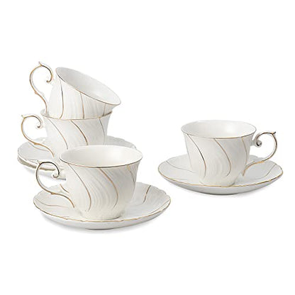 Agyiuns tea cups and saucers ceramic coffee mug 6oz for Coffee, Latte, Cafe Mocha and Tea-Set of 4, White - color: White - Set of 4