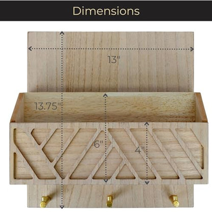 BLU MONACO Wall-Mounted Mail and Key Holder – Natural Wood 2-Tier Letter Organizer with 3 Hooks | Entryway Command Center for Mail, Keys, and Documents - color: Natural Wood