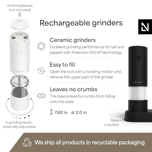 LARS NYSØM Electric Salt and Pepper Grinder Set I Automatic Salt and Pepper Mills with Adjustable Ceramic Grinder I AAA-Battery Operated Electric Spice Mill Set (Black/White) - color: Carbon Black / Pure White