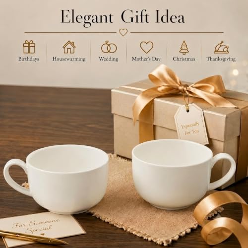 Large Soup Mugs with Handles Set of 2,25 oz Fine Bone China | Coffee Mugs,Microwave Safe White Soup Cups and Oatmeal Bowls for Coffee, Tea, Cereal, Housewarming Wedding Gift - color: 2 Pcs Blank