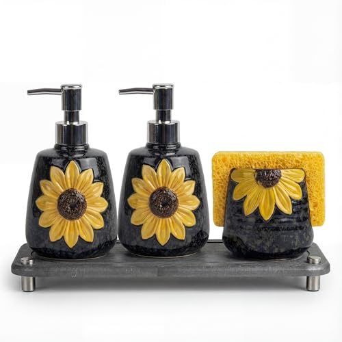 4 Pcs Sunflower Kitchen Decor Ceramic Soap Dispenser Set Comes with Sponge Tray Instant Dry Tray Suitable for Kitchen Accessories Bathroom Decor Housewarming Gifts - style: Sunflower