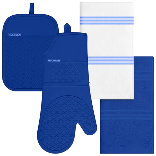 Oven Mitt and Pot Holders Sets, Quilted Cotton Terry Cloth,Non-Slip Pot Holder, Silicone Oven Mitt Heat Resistant, Oven Mittens 7.3"x14.2", Hot Pad 7"x10" & Dish Cloths 13"x25" - color: Royal Blue