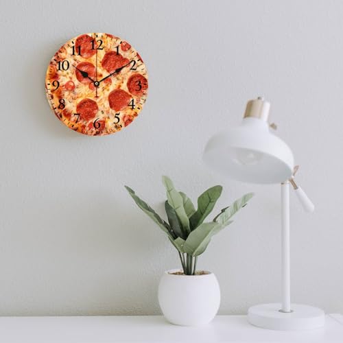 Wall Clock Pepperoni Cheese Pizza Round Rustic Wood Wall Clock Battery Operated Silent Funny Food Sausage Cheese Wood Clock 12 Inch Kitchen Dining Room Wooden Wall Clock Art Hanging Clocks - color: Pattern-1, size: 12 Inch