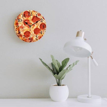 Wall Clock Pepperoni Cheese Pizza Round Rustic Wood Wall Clock Battery Operated Silent Funny Food Sausage Cheese Wood Clock 12 Inch Kitchen Dining Room Wooden Wall Clock Art Hanging Clocks - color: Pattern-1, size: 12 Inch