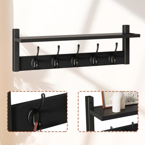YMYNY 47.2" Coat Rack Wall Mount with Shelf and 10 Hooks, Black UHWS004B-2 | 2 Pack Coat Hooks Wall Mount, Wood Wall Mounted Coat Rack with Hooks, Coat Hanger Wall Mount, Wall Hooks for Hanging - color: Black
