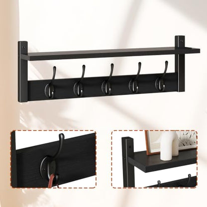 YMYNY 47.2" Coat Rack Wall Mount with Shelf and 10 Hooks, Black UHWS004B-2 | 2 Pack Coat Hooks Wall Mount, Wood Wall Mounted Coat Rack with Hooks, Coat Hanger Wall Mount, Wall Hooks for Hanging - color: Black