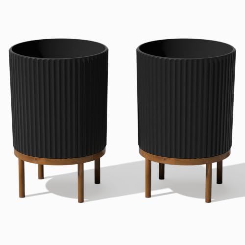 Veradek Demi Series Raised Planter - Round Planter with Stand | Made From a Durable Plastic-Stone Composite & Comes With Wooden Stand. Modern Porch/Patio Décor - color: Black/Brown, size: 16 inch - 2 Pack