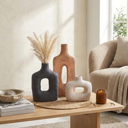 DREAMLOOM Ceramic Vase Set of 3, Black, Rust | Square Cutout, Farmhouse Rustic, Wabi-Sabi, Home Decor, Living Room Bedroom Kitchen Shelf Centerpiece - color: Rust Red Combo - Hollow Design