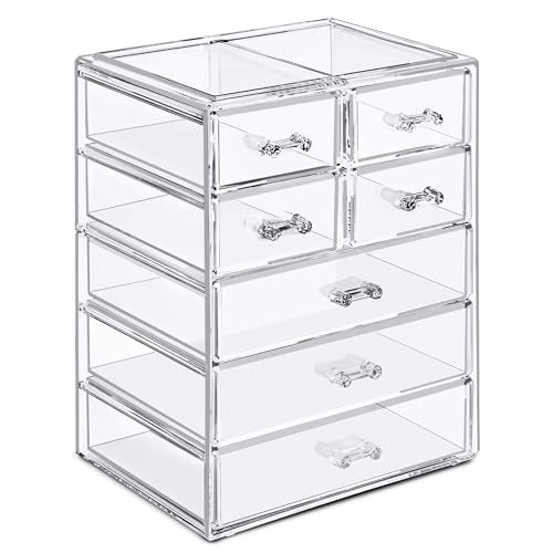 Sorbus Acrylic Makeup Organizer Set, 7-Drawer Vanity & Countertop Cosmetic Storage with Small & Wide Drawers, Clear Makeup Storage for Brushes, Lipsticks, Jewelry – Holiday Gift for Women & Teens - color: Clear, style: 3 Large, 4 Small Drawers
