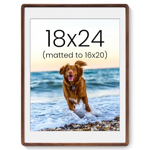 Acovy 18x24in Picture Frame, Natural Solid Walnut | Handcrafted Wooden Photo Frame, Dual Use for Wall Mount, Matted to Fit 16"x20" Photos, HD Tempered Glass - color: Walnut, size: 18x24in