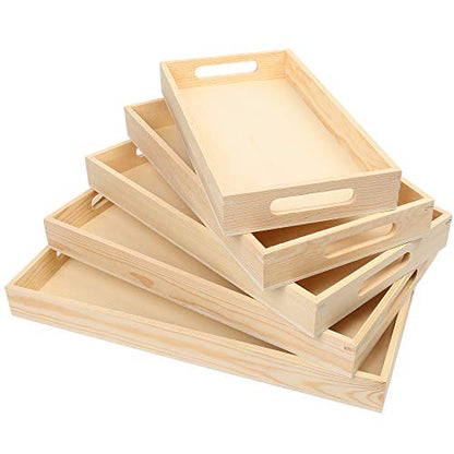 LotFancy Wooden Nested Serving Trays, Set of 5, for Craft and Decor | Unfinished Natural Wood Trays with Handles, Food Organizer for Breakfast, Lunch, Dinner - size: 16.125" x 10.125" x 1.5"