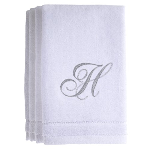 Monogrammed Towels Fingertip, Personalized Gift, 11 x 18 Inches - Set of 4- Silver Embroidered Towel - Extra Absorbent 100% Cotton- Soft Velour Finish - For Bathroom/ Kitchen/ Spa- Initial H (White) - color: H