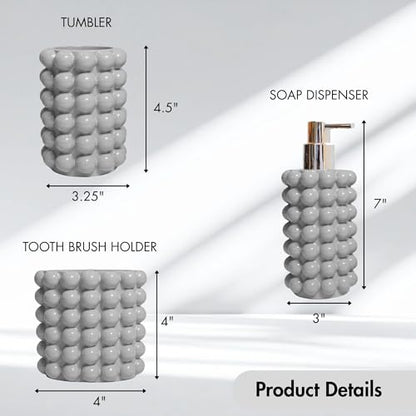 Better Trends Bathroom Accessories Set 3 Pieces Resin Bubble Textured Soap Dispenser, Toothbrush Holder & Tumbler for Vanity, Kitchen Sink & Countertop Organization Gray Nova Collection - color: Gray