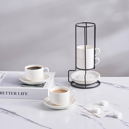 YOLIFE 2.5oz Espresso Cups, Stackable Espresso Cups Set of 4 | Porcelain Espresso Cup with Saucers and Metal Stand, Expresso Shots Cup -White - color: White, size: 2.5oz