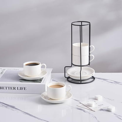 YOLIFE 2.5oz Espresso Cups, Stackable Espresso Cups Set of 4 | Porcelain Espresso Cup with Saucers and Metal Stand, Expresso Shots Cup -White - color: White, size: 2.5oz