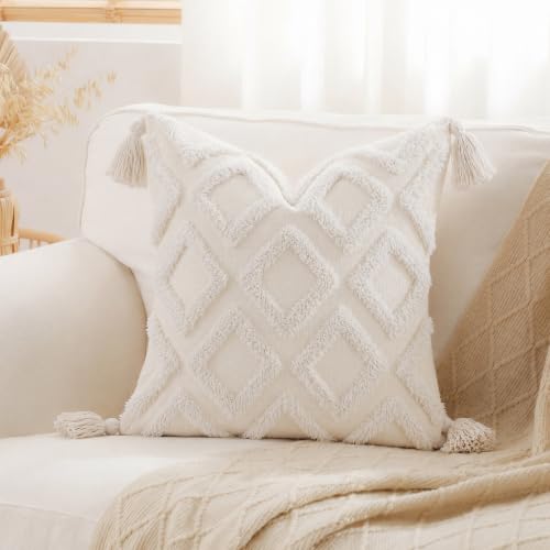 PANOD Soft Chenille Tufted Farmhouse Pillow Covers 18x18 Inches Neutral Accent Striped Textured Decorative Pillow for Bed Couch Sofa Livingroom Bedroom Home Decor Tassel White - color: 2-white, size: 18" x 18" (Pack of 1)