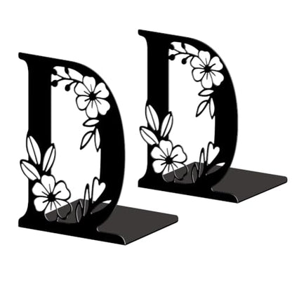 5.3"x4.3"x7.1" Metal Bookends, Heavy Duty Book Ends for Shelves | Letter D with Flowers Theme Cast Iron Book Supports, 1 Pair Decor Stoppers for Desk, Library, Office & Home Shelves - style: Letter D with Flower