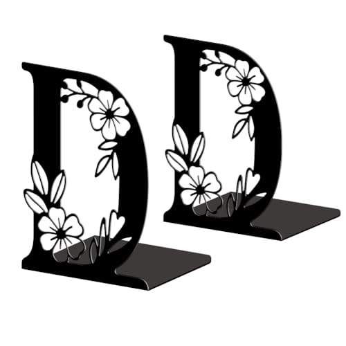 5.3"x4.3"x7.1" Metal Bookends, Heavy Duty Book Ends for Shelves | Letter D with Flowers Theme Cast Iron Book Supports, 1 Pair Decor Stoppers for Desk, Library, Office & Home Shelves - style: Letter D with Flower