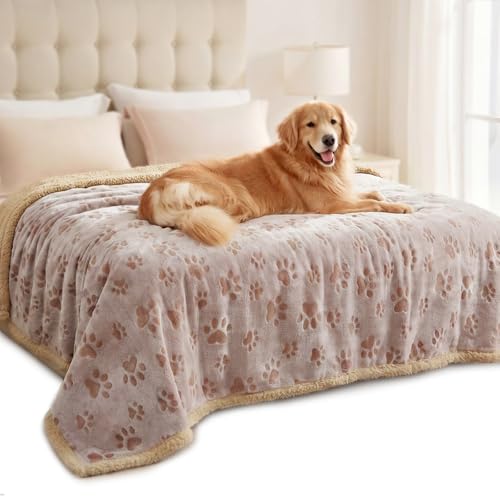Luciphia Waterproof Pet Blankets Whith Paw Print for Couch Sofa Bed Cover, Liquid Pee Proof Soft Fluffy Dog Blanket Washable, Reversible Furniture Protection Puppy Cat, Khaki, X-Large（85" x 57"） | Soft Print Pet Blanket Washable Pee Proof, Furniture Prote