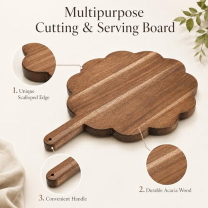 Scalloped Acacia Wood Boards with Handle, Acacia Wood Scalloped Cutting Board, Wooden Cutting Board, Round Decorative CuttingBoards for Cheese Meat Fruit Bread Baking(15.2 x 11.2 x 0.6 inch)