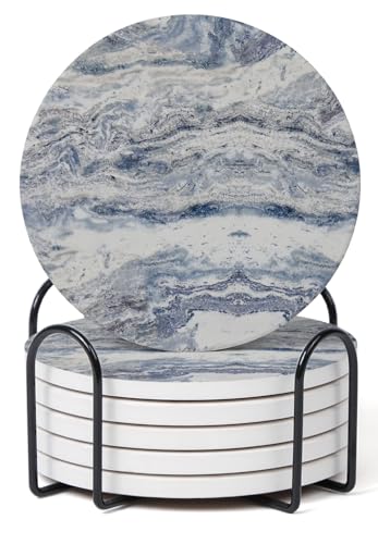 Set of 6 Navy Abstract Onyx Marble Coasters with Holder, Absorbent Ceramic Coasters for Drinks, Coasters with Cork Backing for Table Protection, Coffee Table Decor - color: Abstract Onyx Marble Navy