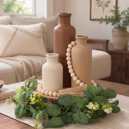 6 Pcs Rustic Table Centerpieces, Set of 3 Boho Ceramic Vases, Wooden Serving Tray, Modern Farmhouse Wood Beads Garland Tassel, Artificial Greenery for Home Coffee Tabletop Decor(Neutral) - color: Neutral