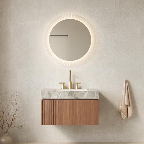 30" Floating Bathroom Vanity with Sink, MURI Wall Mounted Plywood Cabinet, Sintered Stone Countertop, Ceramic Basin with 3 Faucet Hole, Drawer & Door Storage, Pre-Assembled, Light Gray Top Brown Oak - color: Brown Oak,light Gray Top, size: 30"+Light Gray
