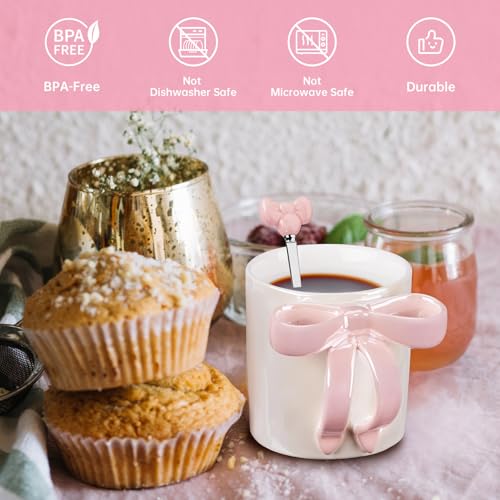 NiHome Cute Pink Bow Handle Ceramic Coffee Mug 12oz, Electroplated Shimmering Starry Finish, High-Temperature Fired, Girly Aesthetic Cup for Women, Home Office Travel, Pink - color: Pink, size: 12 Ounces