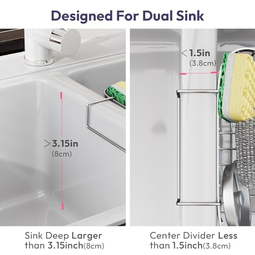 SWTYMIKI Sponge Holder for Kitchen Sink - Movable Kitchen Sink Caddy with M Shape Hook Stainless Steel Hanging Sponges Caddy Organizer in Double Bowl Sinks Depth>3.15in, Middle divider<1.5in, Silver L - color: Silver-large