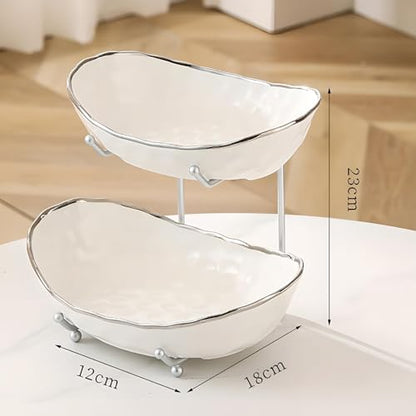 White Fruit Bowl with Silver Metal Stand, 2 Tier Modern Ceramic Fruit Bowl Fruit Rack for Kitchen Counter, Tiered Fruit Basket for Snacks Bread Candy Storage (White B,2 Tier) - color: White B,2 Tier