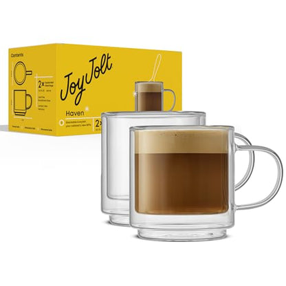 JoyJolt Haven Stackable Double Wall Glass Mugs, Set of 2 (13.5oz) Insulated Coffee Cups, Double Wall Glass Coffee Cups, Tea Cups, Latte Cups, Cappuccino Cups, Clear mugs set of 2 - style: Clear Mugs