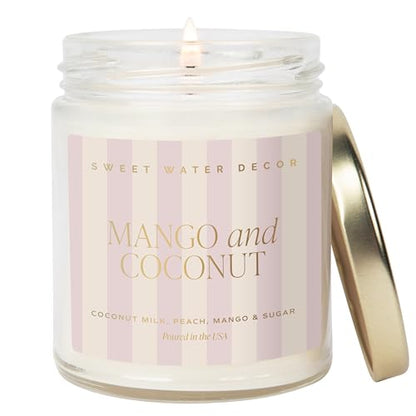 Sweet Water Decor Mango and Coconut Patterned Candle – Soy Candles with Pineapple, Mango, Orange, Peach – 40 Hour Burn – 9oz Clear Glass Jar – Ideal for Valentines Presents or Any Special Occasion - style: Mango and Coconut