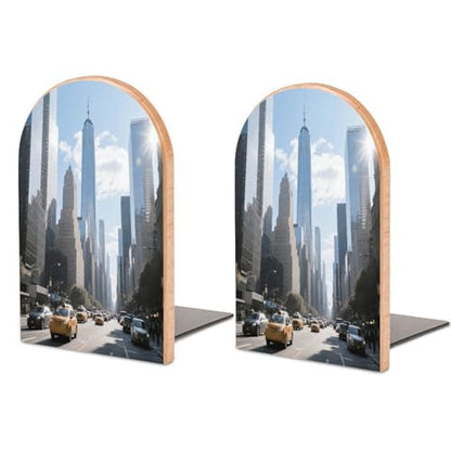 Personalized Wood Book Ends Metal Base Urban Skyscraper Street Printing Bookend Modern Heavy Duty Bookends for Home Or Office 1 Pair - color: Urban Skyscraper Street