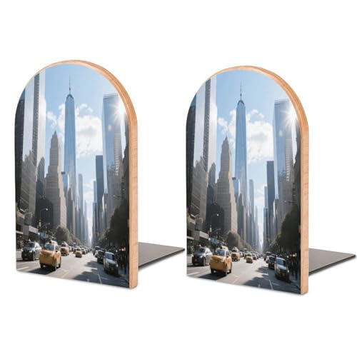 Personalized Wood Book Ends Metal Base Urban Skyscraper Street Printing Bookend Modern Heavy Duty Bookends for Home Or Office 1 Pair - color: Urban Skyscraper Street