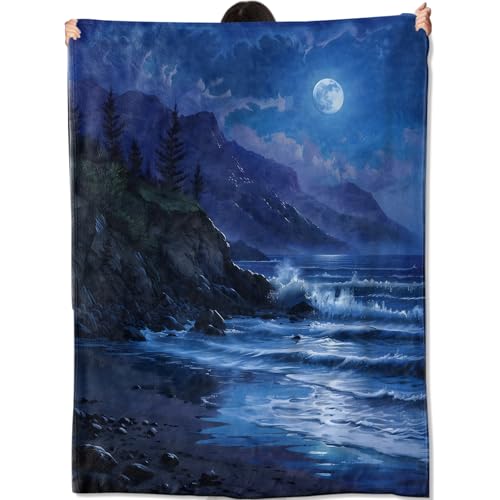 Moonlit Ocean Blanket,Night Seascape Landscape Throw Blankets Lightweight Flannel Throws 60×80 for Couch Bed,All Season Home Decor for Bedroom, Gifts for Teens Young Adults Nature Lovers - color: Moonlit, size: 80x60 Inch