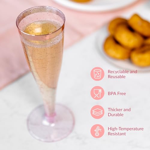 Prestee Set of 24 Plastic Champagne Flutes Disposable - Silver Glitter Pink Champagne Glasses with Rose Gold Rim, Elegant Toasting Cups for Weddings, Cocktail Parties, New Year's Celebrations - color: Rose Gold Rim/Glitter, size: 24 Count (Pack of 1)
