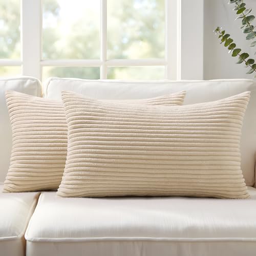 Mecatny Corduroy Fall Decorative Throw Pillow Covers 12x20 Set of 2 Beige | Soft Striped Texture, Hidden Zipper Design, Neutral Boho Lumbar Pillow Cases for Sofa Couch Living Room Bedroom, Home Décor - color: Beige, size: 20" x 12" (Pack of 2)