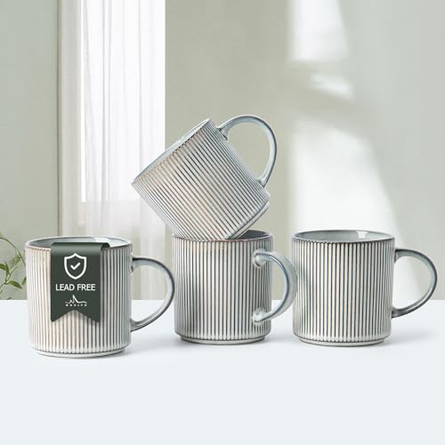 MONITO 16Oz Coffee Mugs Set of 4, Rustic Ceramic Coffee Cup Set with Handle | Vintage Striped Stoneware Large Coffee Mugs for Latte, Cocoa, Tea, Milk, Microwave & Dishwasher Safe, Smoky Blue - color: Smoky Blue, size: 4PCS
