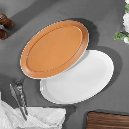 Webbylee ‌16" Melamine Oval Platter Set of 2 - Lightweight Durable Serving Tray for Party, Catering & Home | Dishwasher Safe, Fits Turkey/Charcuterie-White & Brown - color: White-Brown / 16-O, size: 15.8-inch