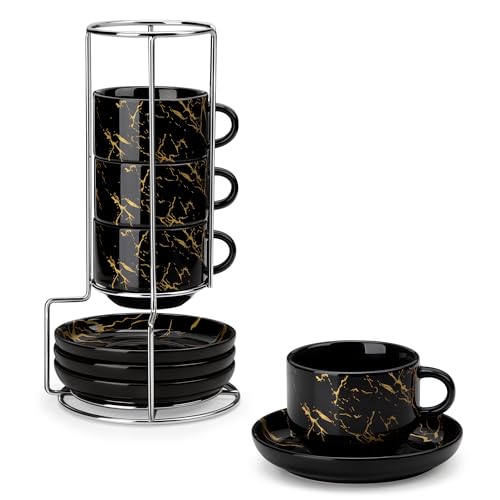 MALACASA 8 OZ Porcelain Espresso Cups with Saucers and Metal Stand Set of 4, Stackable Cappuccino Cups, Marble Black Expresso Shots Cup Set for Coffee Drinks, Latte, Tea - color: Marble Black, size: 8 Oz