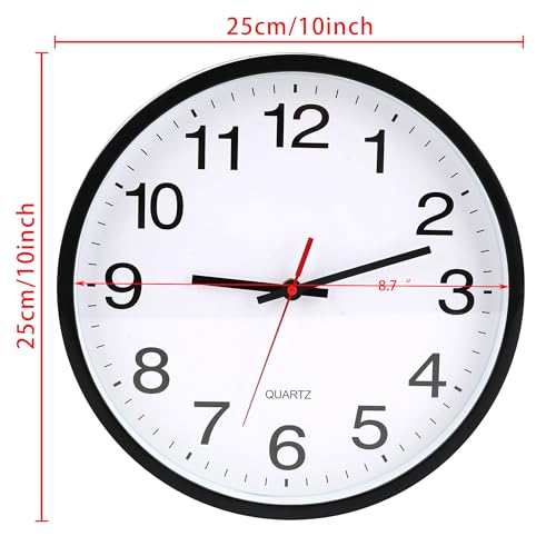 Black Wall Clock,Non Ticking 10 In,Modern,Quality Quartz Battery Operated - color: Black/White, size: 10”