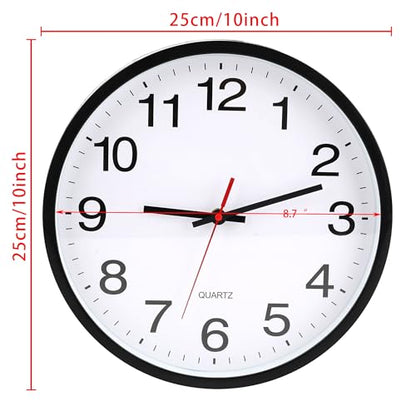 Black Wall Clock,Non Ticking 10 In,Modern,Quality Quartz Battery Operated - color: Black/White, size: 10”