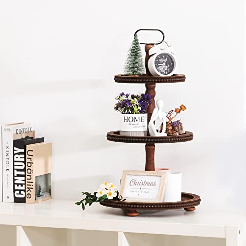 Urban Deco Wooden Tiered Tray 3-Tier Decorative Tray Stand Farmhouse Serving Tray, Round Wooden Cupcake Display Stand with Metal Handle, Brown Tiered Fruits Tray for Home Party Decorations - style: 3 tier-brown